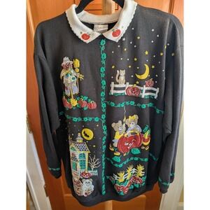 Vintage Spumoni 1X Halloween Fall Sweatshirt Embroidered Pumpkin Bears Scarecrow
